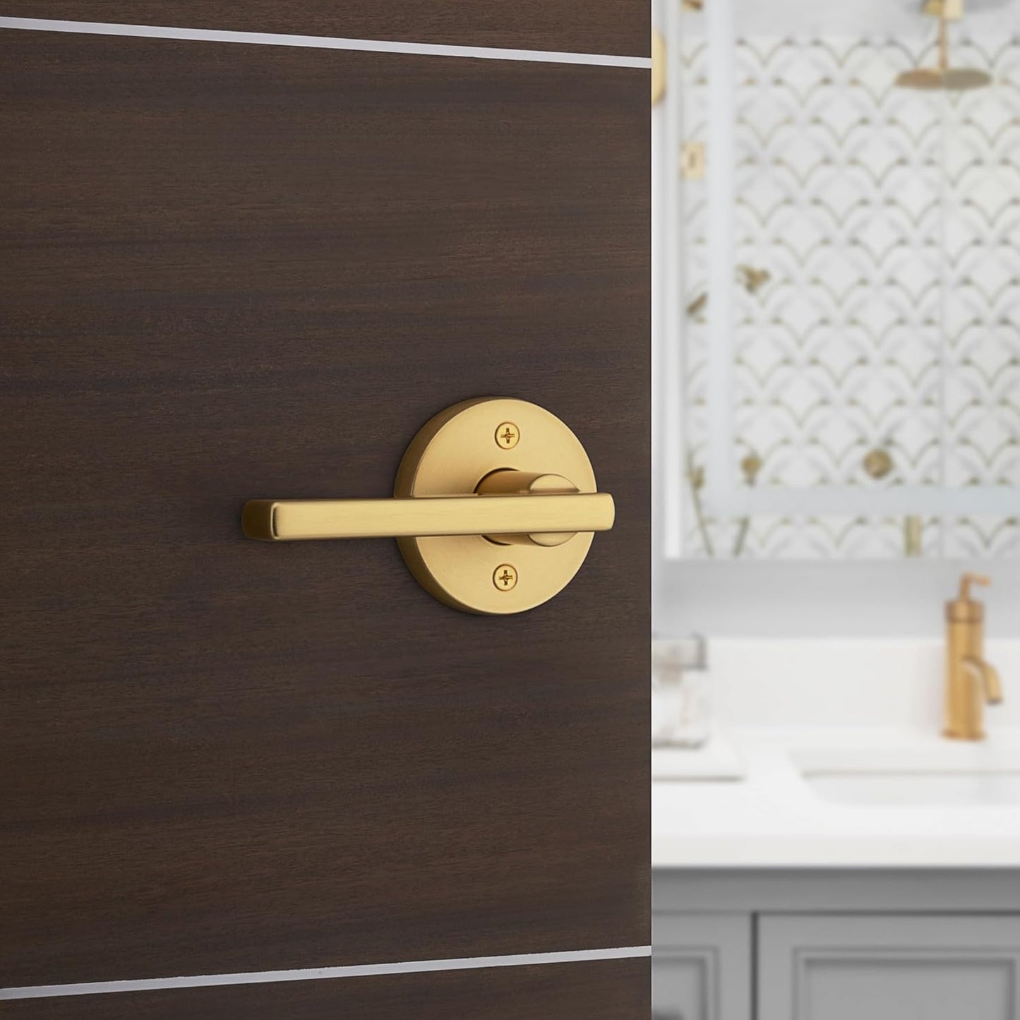 Kwikset Halifax Interior Privacy Door Handle with Lock, Door Lever for Bathroom and Bedroom, Satin Brass Reversible Keyless Push Button Lock Door Lever, with Microban Protection