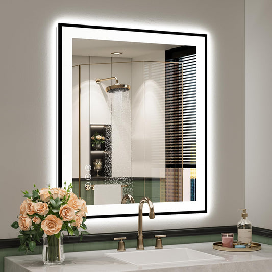 28x32 Inch LED Bathroom Mirror with Lights (Front Lit and Backlit) Black Framed Lighted Vanity Mirror for Bathroom Wall Dimmable Anti-Fog Memory Tempered Glass Horizontal/Vertical