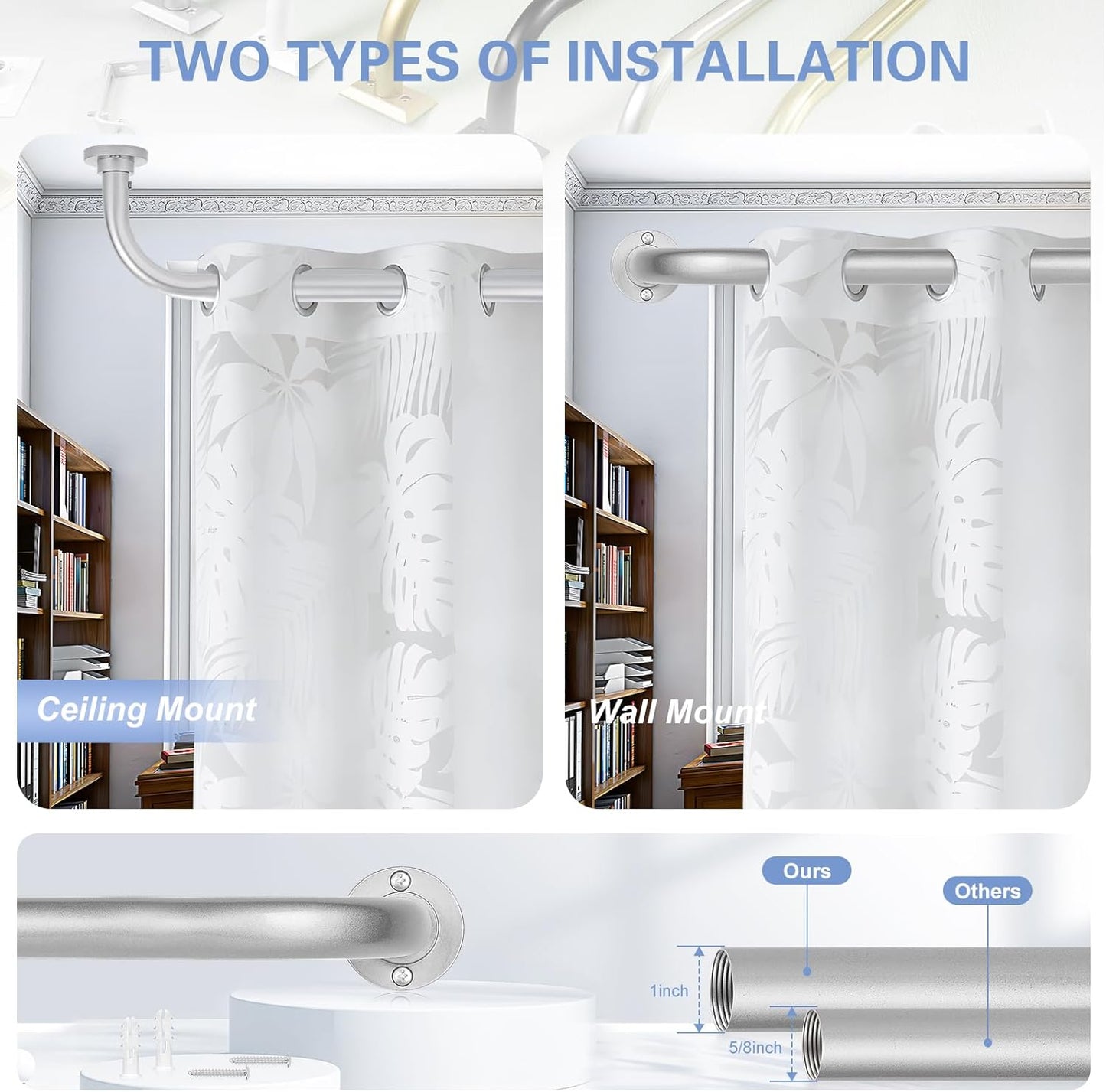 Silver Wrap Around Curtain Rods 28 to 48 Inch:Blackout Heavy duty Adjustable Window Curtain Rod for Bedroom,Industrial Darkening Curved French Metal Single Drapery Rods Easy Install,Nickel
