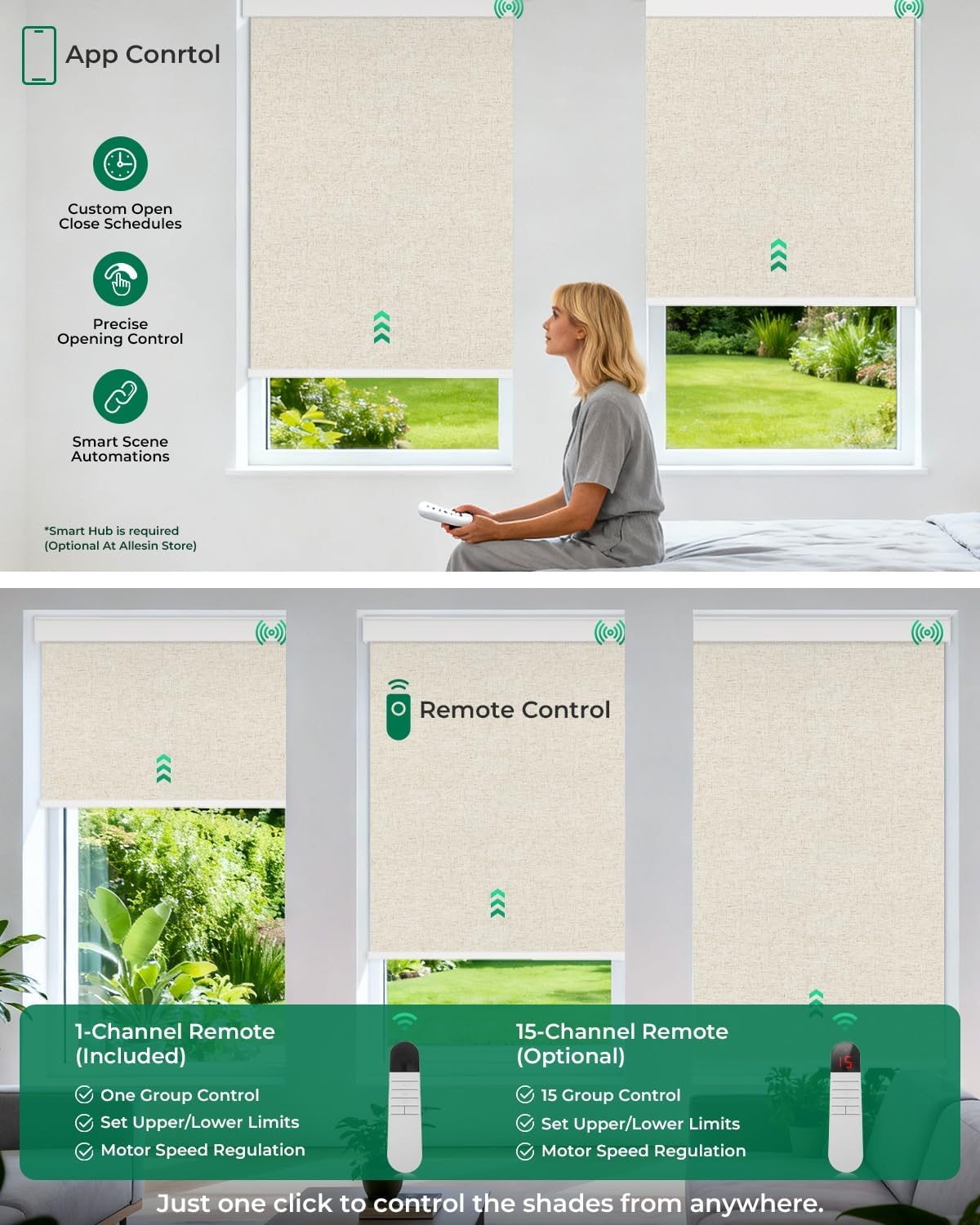 Allesin Motorized Roller Blinds – Rechargeable Smart Shades with Remote & Quiet Motor, Top/Bottom Aluminum Rails, Alexa-Compatible for Window (32" W x 72" H, 100% Blackout Sand-Linen)