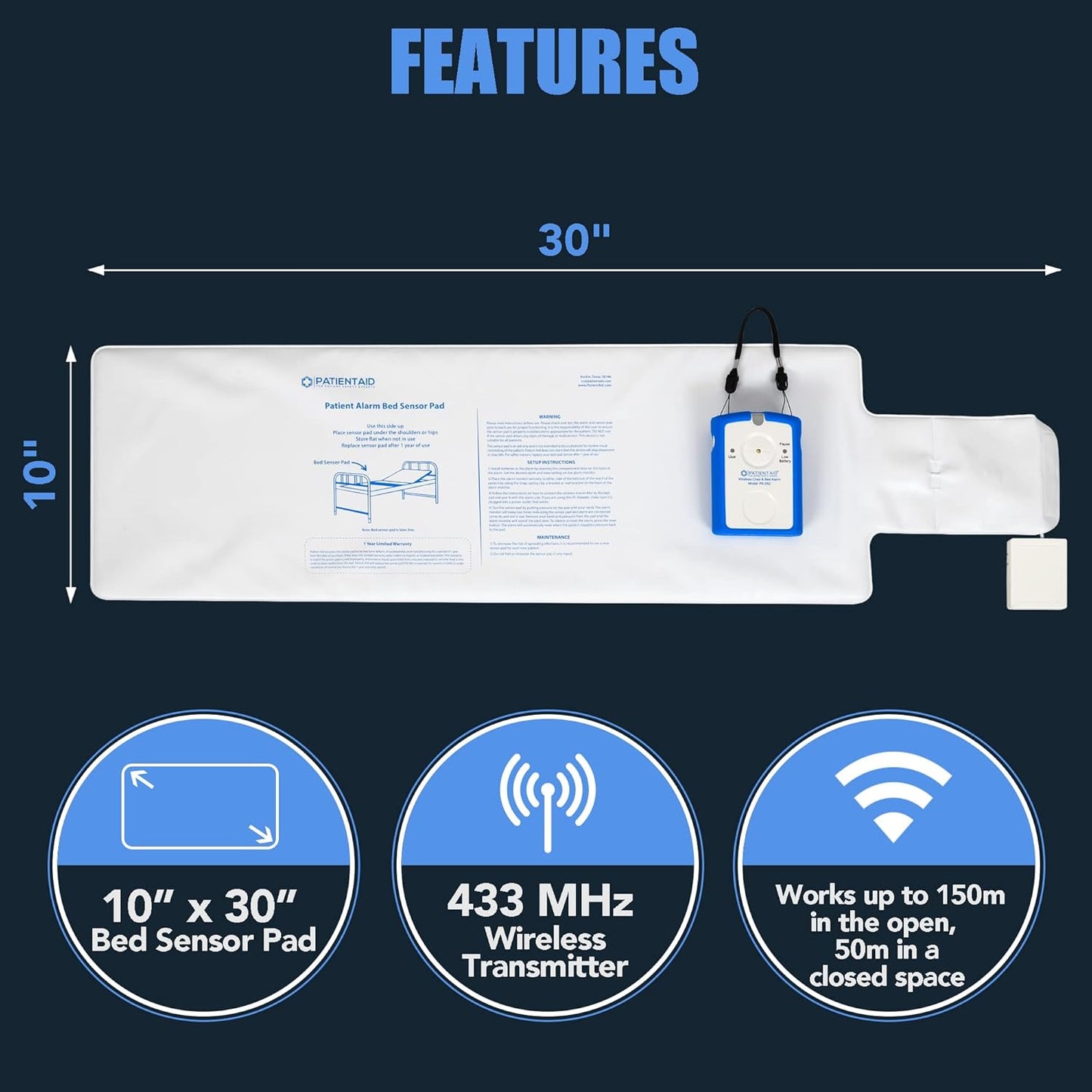 Patient Aid Patient Wireless Bed Alarm 10"x30" Mattress Pad with Motion Sensor, 3 Chime and Mounting Options, AC Adapter, Fall Prevention System for Seniors - Bed Alarms for Elderly - Mailbox Alert