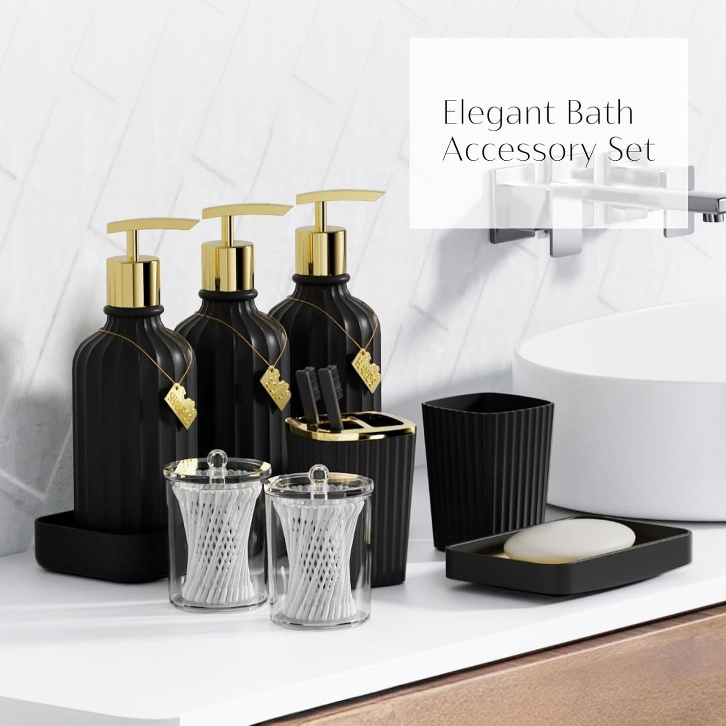 32PCS Bathroom Accessory Set Black Bathroom Accessories Bathroom Set, Shower Curtain Set, 2 Piece Bath Towel Set, 3PC Soap Dispenser, Toilet Brush & Trash Can