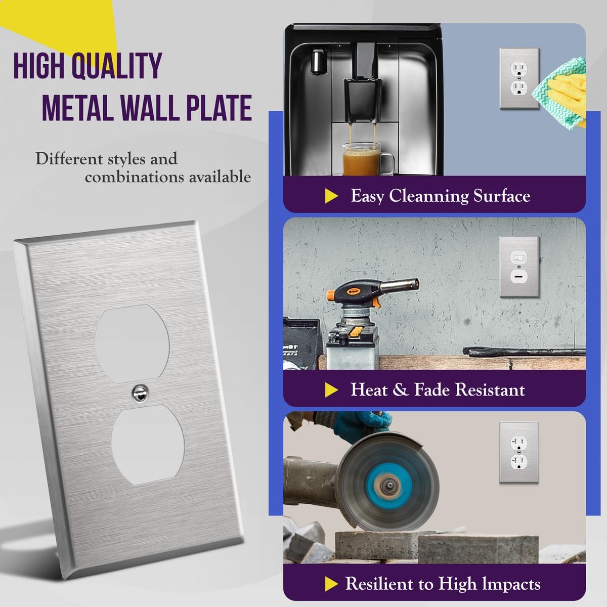 ENERLITES Duplex Receptacle Outlet Metal Wall Plate, Stainless Steel Outlet Cover, Corrosion Resistant, Mid-Size 1-Gang 4.88" x 3.11", UL Listed, 7721M, 430 Stainless Steel, Silver