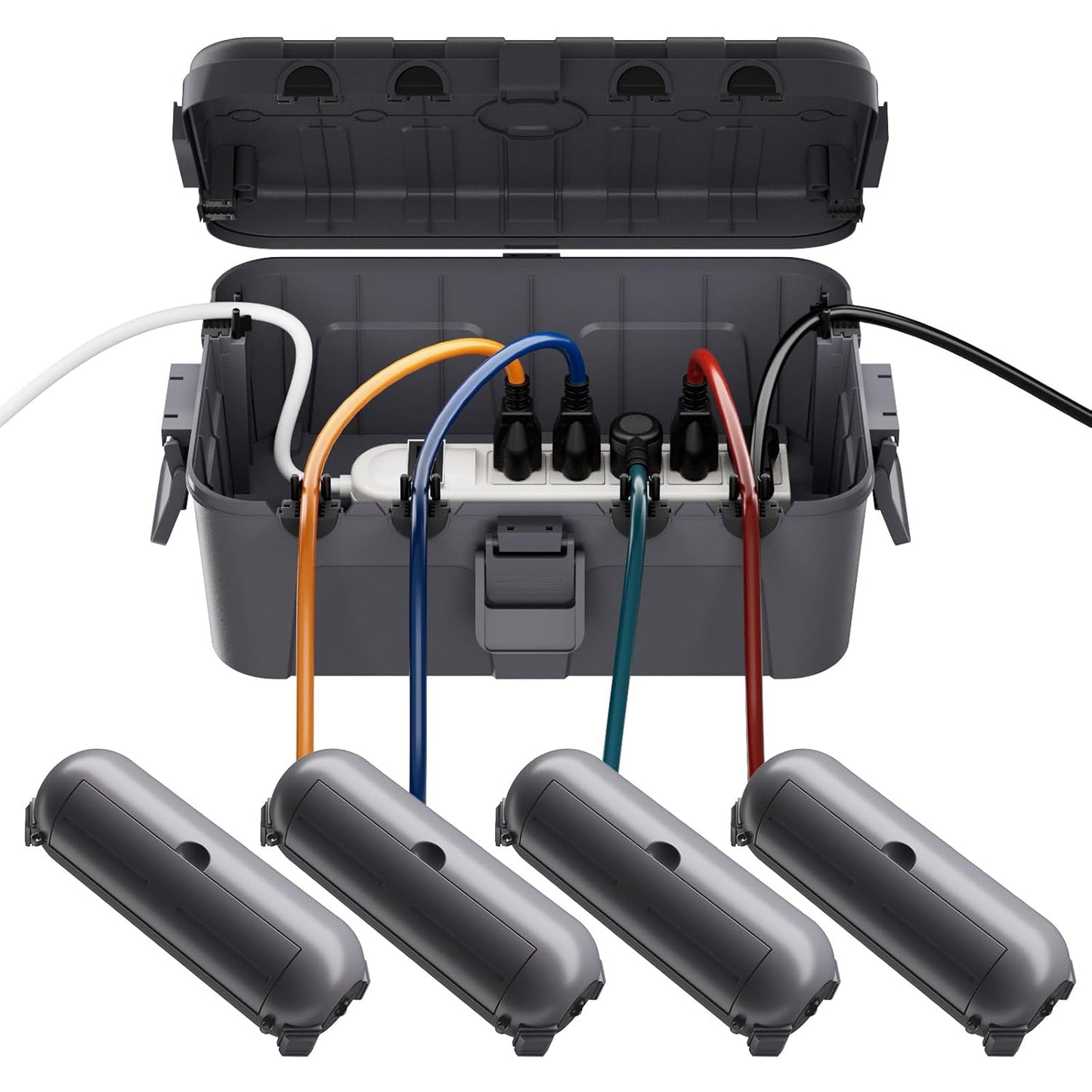 RESTMO 5-Piece Outdoor Waterproof Electrical Box Set – 12.5" x 8.5" x 5" Large & 7.1" x 2.3" x 2.3" Small, Weatherproof Boxes for Power Strip, Outlet, Plug, Socket, Timer, Holiday Light, Gray