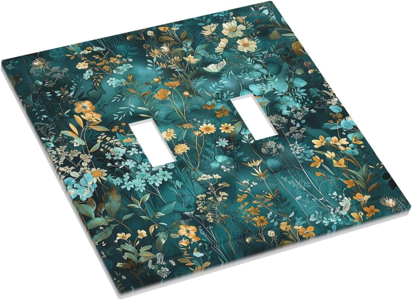 Decorative Switch Plates Green Leaf Floral Boho Golden Flower Plant 2 Gang Double Toggle Outlet Light Switch Cover Wall Plate Electrical Faceplate For Bed Room Cabin Decor