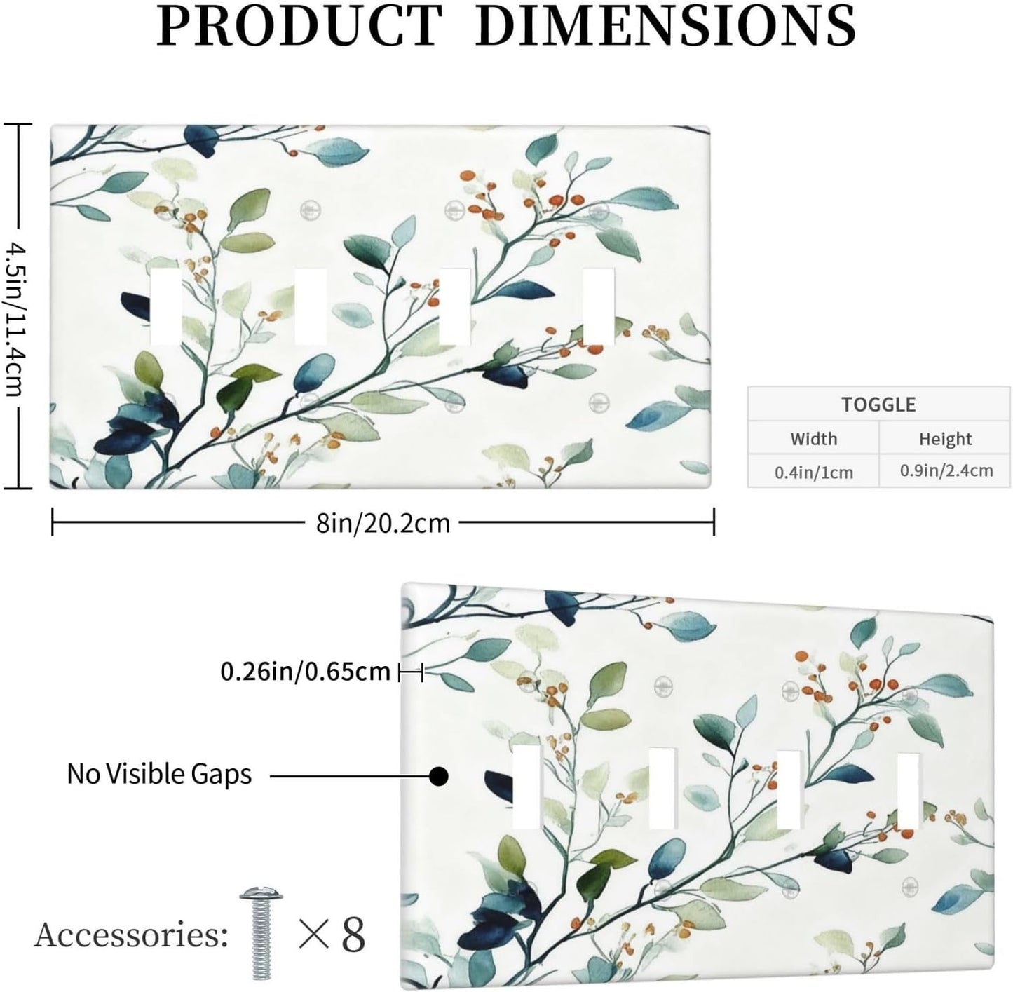 Decorative Light Switch Cover Plate Eucalyptus Leaf Geen Sage Leaves 4 Gang Wall Plates for Electrical Outlets Quad Toggle Switch Plate Covers Outlet Covers Faceplate for Bedroom Home Decor