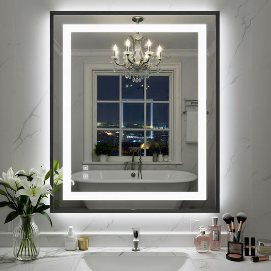 30X36 Inch LED Bathroom Mirror with Lights, Black Frame Frontlit+ Backlit Bathroom Vanity Mirror for Wall, Ultra-Clear Tempered Glass, Shatter-Proof, Anti-Fog and Memory Function, ETL Listed