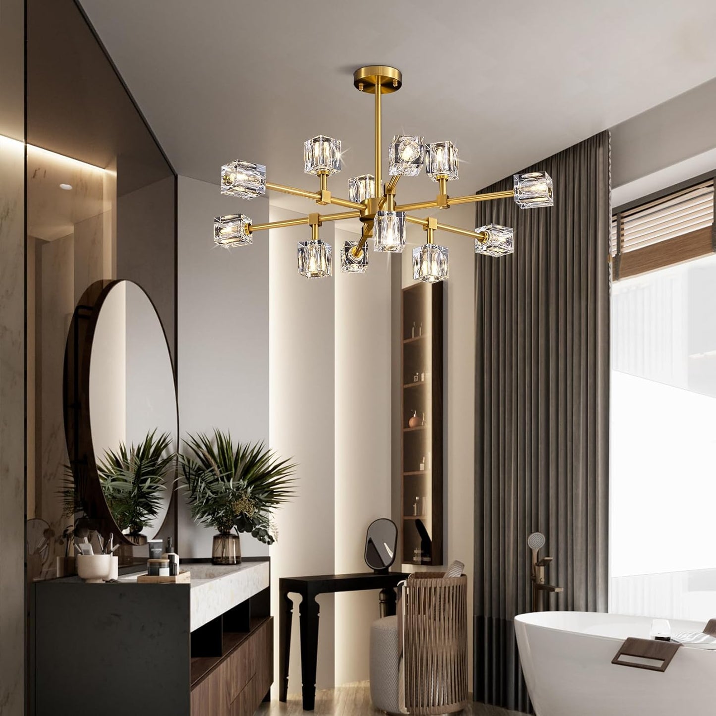 Crystal Chandeliers for Dining Room Light Fixtures,Gold Sputnik Chandelier with 12-Lights,Modern Adjustable Height Semi Flush Mount Ceiling Light Fixture for Kitchen Island Bedroom Entryway