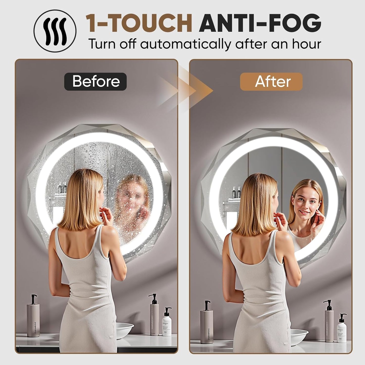 28 Inch Round LED Bathroom Mirror with Lights, Frameless Vanity LED Mirror for Bathroom with Beveled Edge, Backlit Anti-Fog, Dimmable, 3 Colors, Memory Function, Tempered Glass, Shatter-Proof