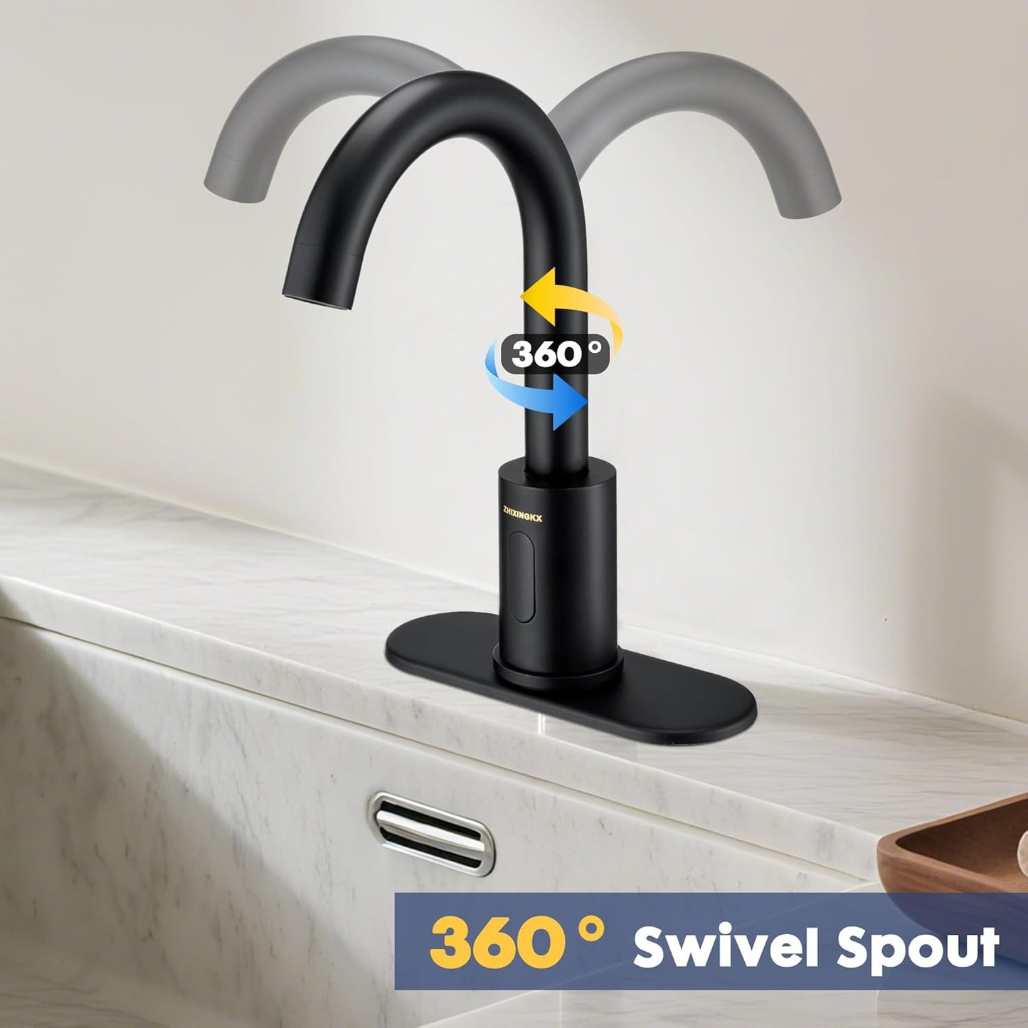 Touchless Bathroom Faucets for 1 or 3 Hole, Tall Body Automatic Bathroom Sink Faucets with Deck Plate,Motion Sensor Commercial Faucets for Bathroom&Kitchen,360° Swivel Spout,Black