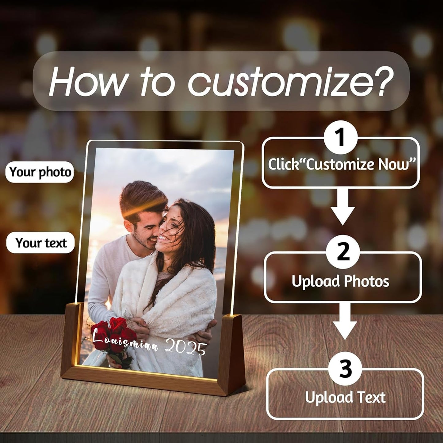 LOUISMIAA Customized Picture Frames with Night Light,Decorative Plaque Anniversary Birthday Mother’s Day Father’s Day Valentine’s Personalized Gifts for Boyfriend Girlfriend Couple Same Day Shipping