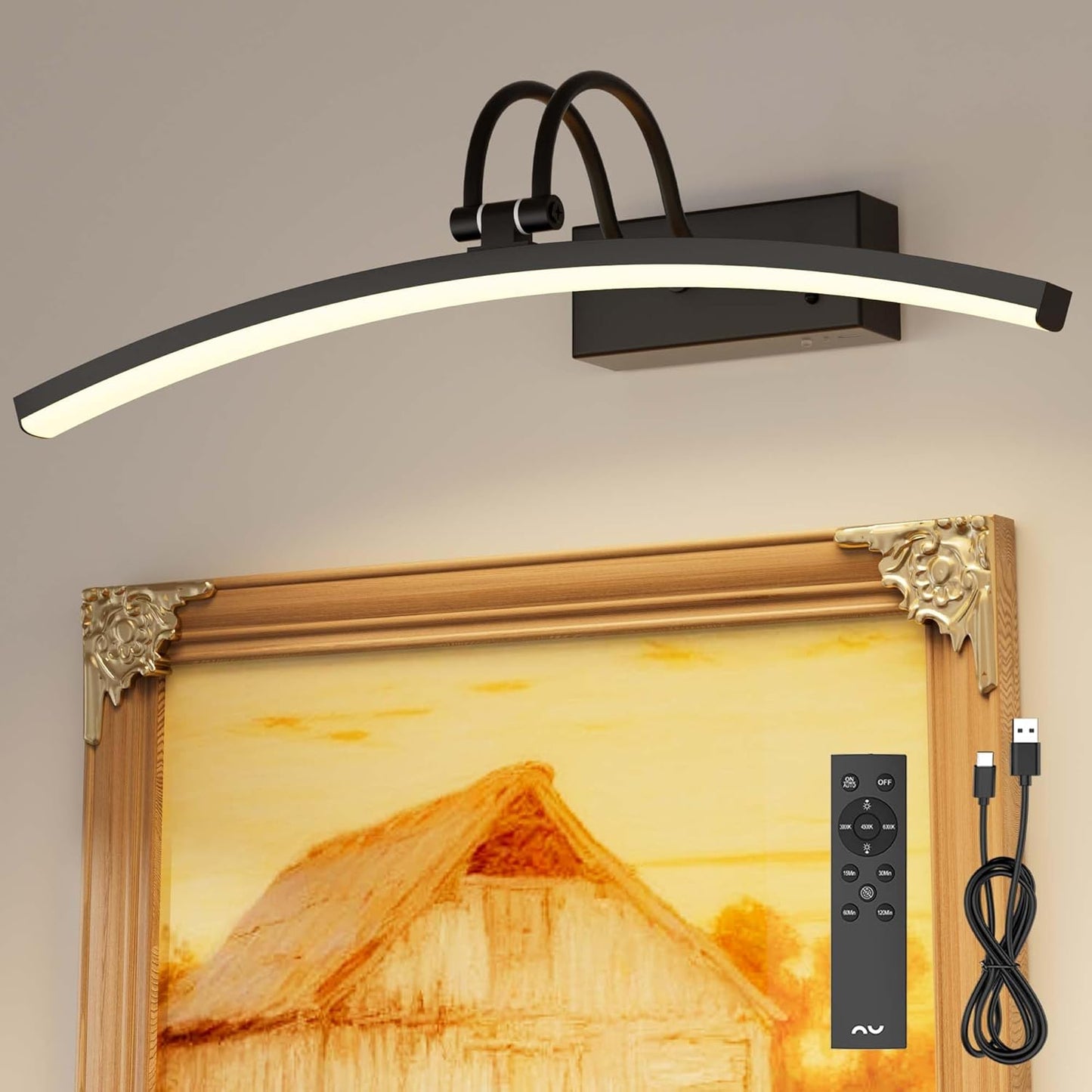 PAIHOME Lights for Pictures on Wall, Rechargeable Picture Light with Smart Motion Sensor, Remote Dimmable & Timer, ‌16in Wireless Black Art Lighting for Paintings Canvas, Gallery, Portraits