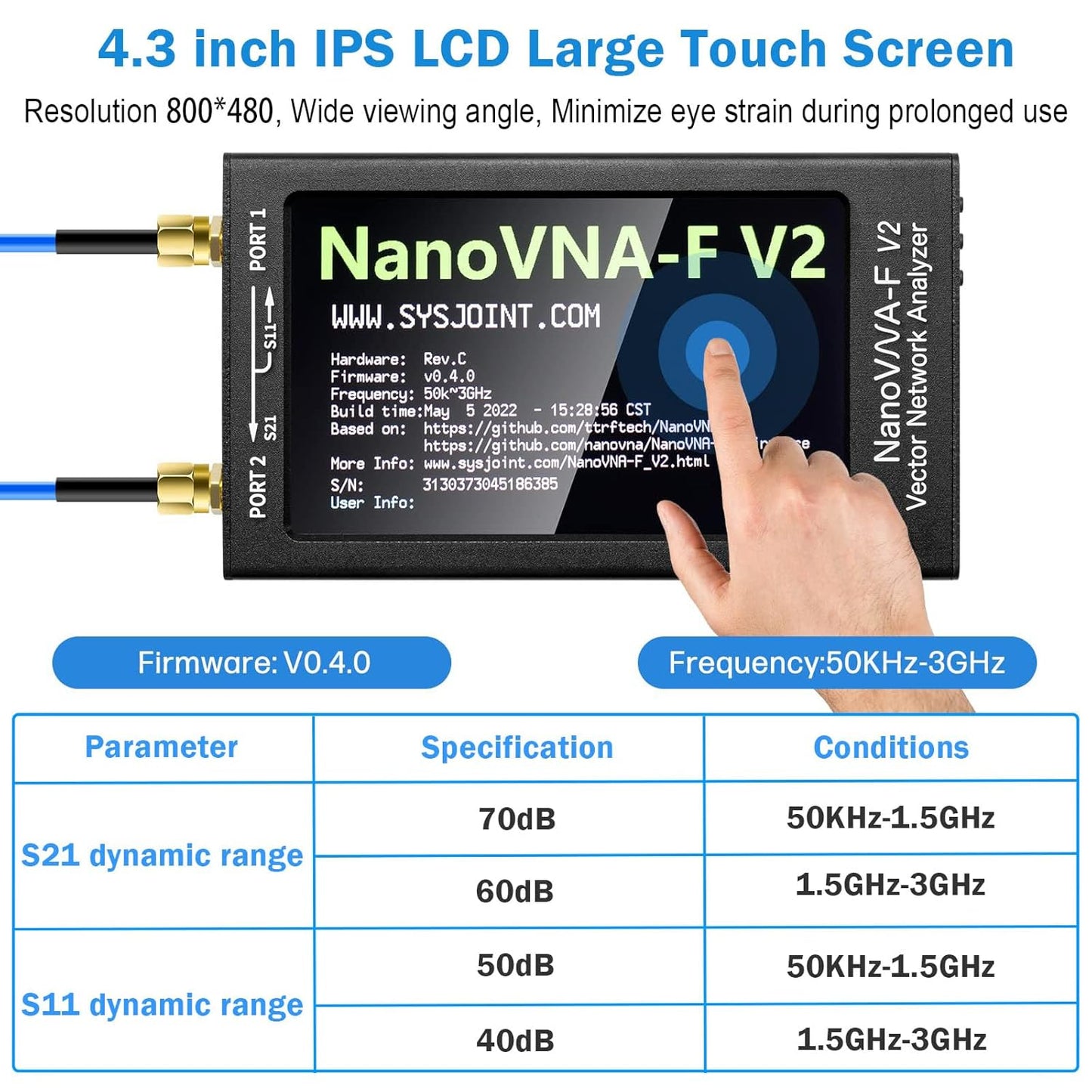 AURSINC Upgraded NanoVNA-F V2 Vector Network Analyzer 50KHz-3GHz HF VHF UHF VNA Antenna Analyzer, 4.3inch Touchscreen, 5000mAh Battery, Measuring S-Parameters, SWR, Phase Delay, Smith Chart