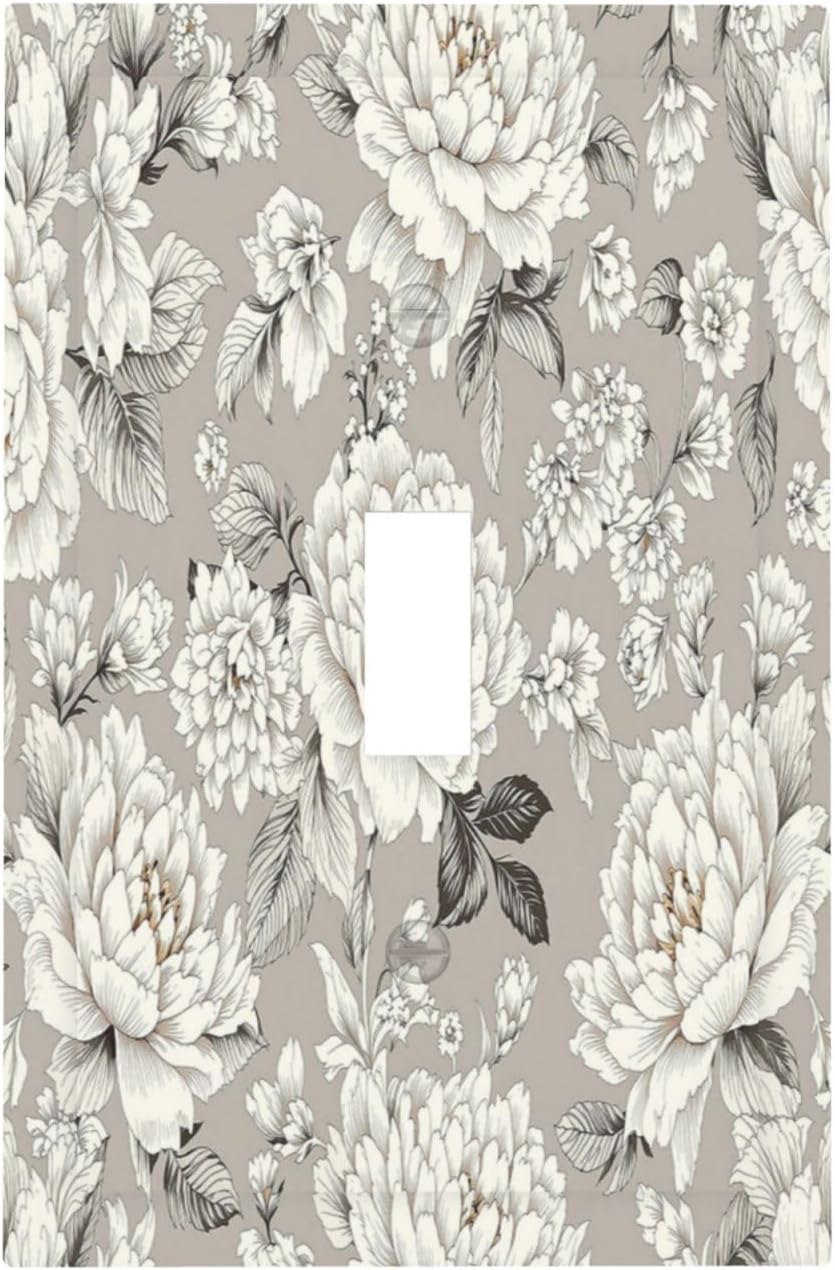 White Poppies Floral Modern Grey Peonies Flowers Decorative Light Switch Cover 1 Gang Single Toggle Decorator Outlet Wall Plate Device Electrical Faceplate Switchplates for Bedroom Bathroom