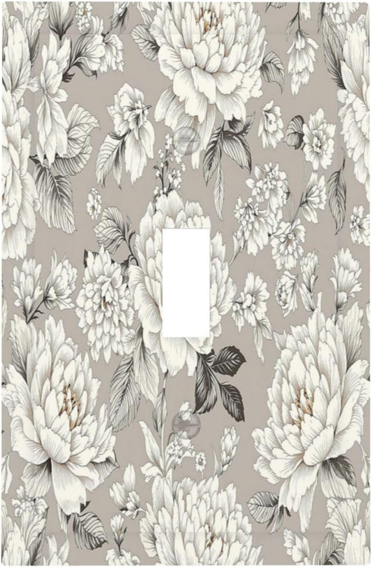 White Poppies Floral Modern Grey Peonies Flowers Decorative Light Switch Cover 1 Gang Single Toggle Decorator Outlet Wall Plate Device Electrical Faceplate Switchplates for Bedroom Bathroom