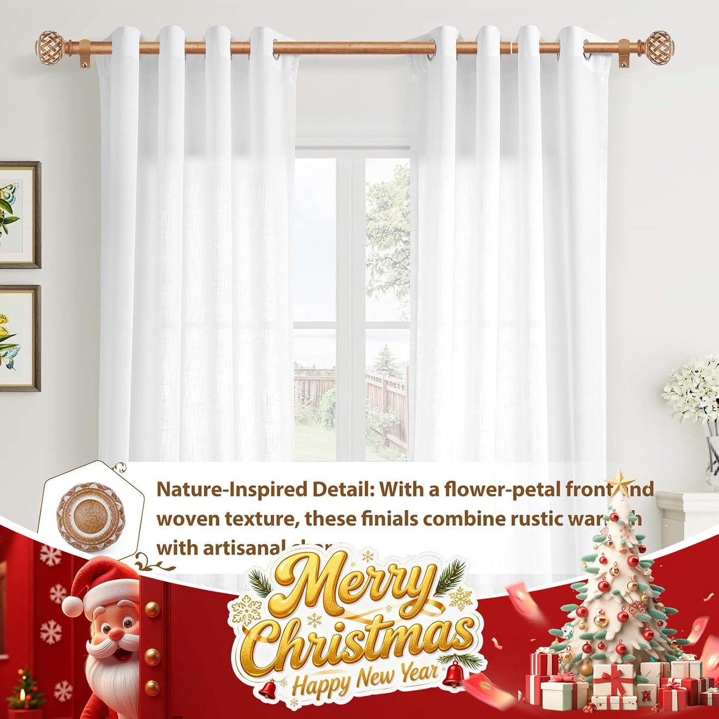 TONIAL Wood Curtain Rod 32 to 144 Inches, 7/8 Adjustable Curtain Rods for Windows 20 to 140 Inches, Splicing Drapery Rods Decorative with Netted Texture Finials