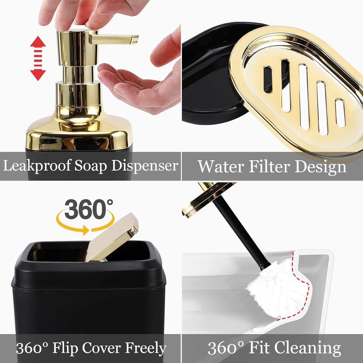 Black and Gold Bathroom Accessories Set, Bathroom Sets with Shower Curtain, Black Bathroom Accessories with Trash Can, Soap Dispenser, Soap Dish, Toilet Brush Holder, Qtip Holders for Bathroom