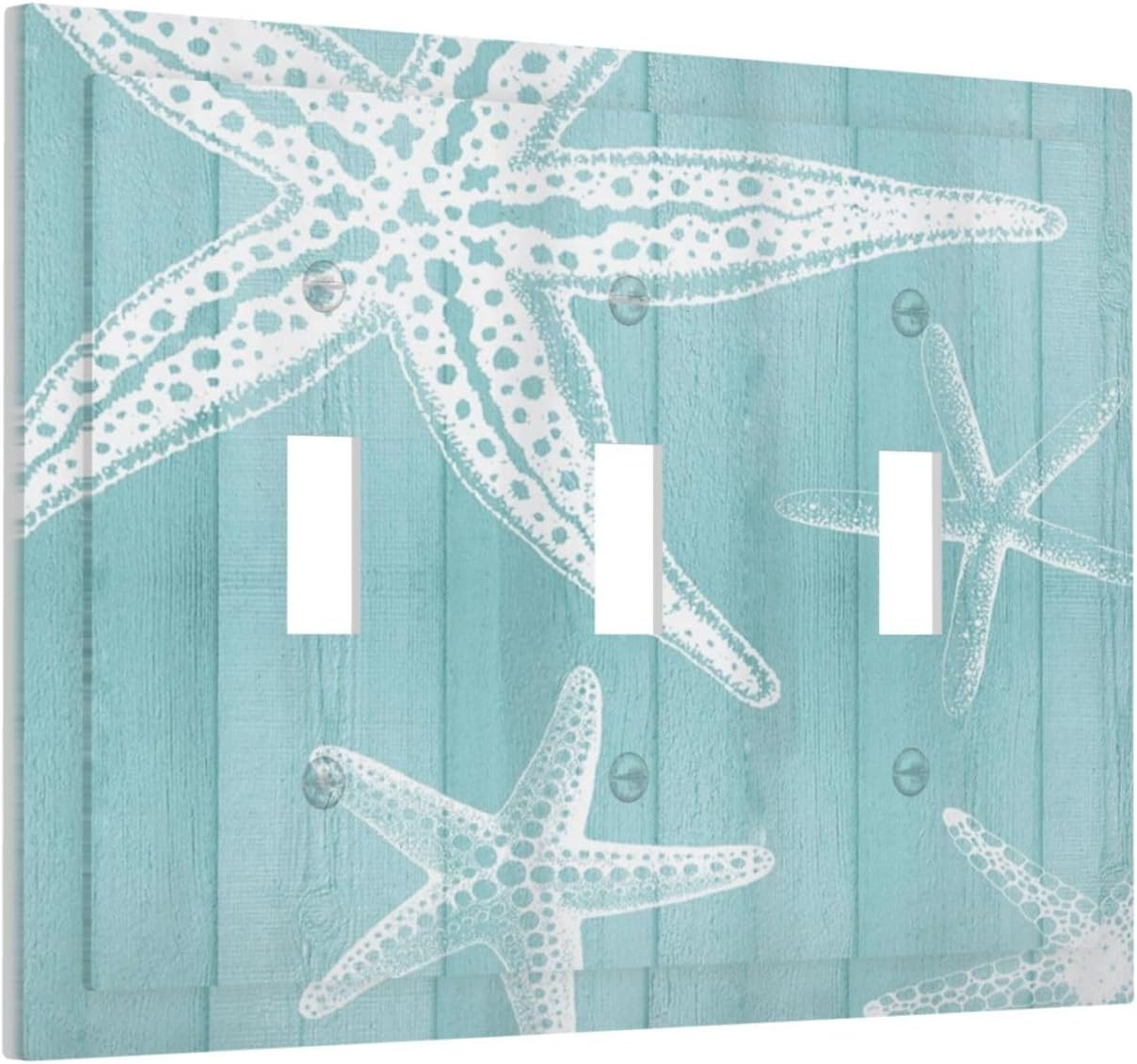 Decorative Light Switch Cover Plate Starfish Teal Wood Board Nautical 3 Gang Wall Plates for Electrical Outlets Triple Toggle Switch Plate Covers Outlet Covers Faceplate for Bedroom Home Decor
