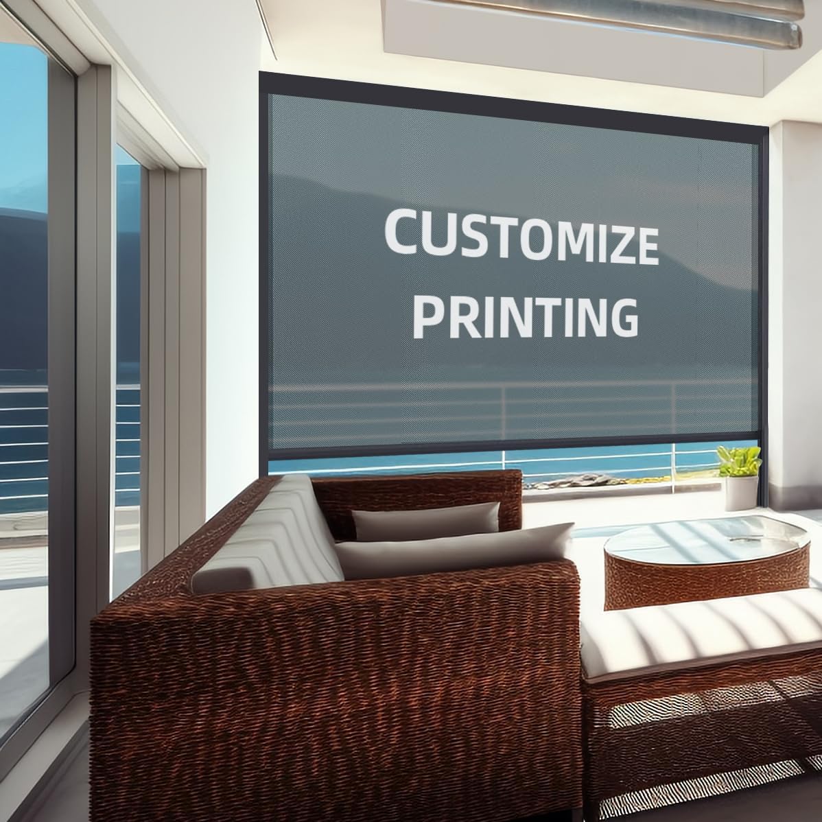 ZSHINE Hard-Wired Outdoor Snow Blocking Weatherproof Motorized Patio Roller Shades Remote Control for Porch Balcony Customized Size (Printing 10% Openness)