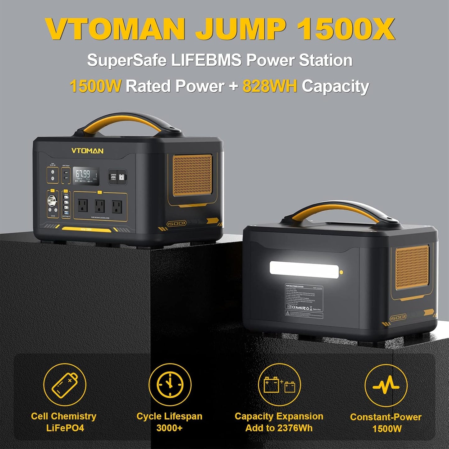 VTOMAN 2376Wh Portable Power Station with Extra Battery & 200W Solar Panel - 1500W Up to 3000W Solar Power Generator for Home Backup, Off-grid, Road Trip, RV, Camping, Fishing, Vehicle Emergency