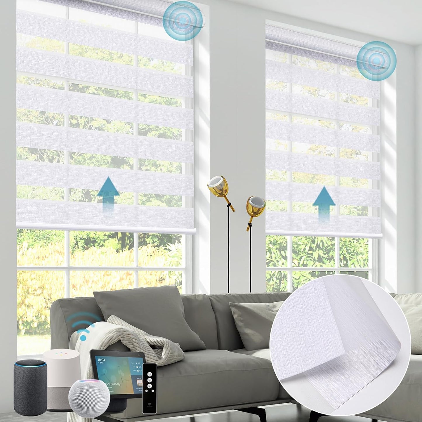 SmartWings Motorized Zebra Shades - Compatible with HomeKit, Alexa, SmartThings, Google - Remote Control Light Filtering Sheer Shades, 50% Blackout, for Smart Home/Office, White, Customized