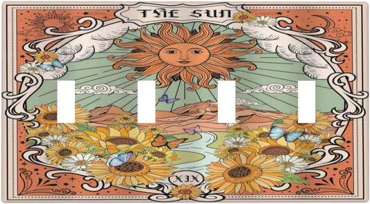 Boho Retro Sun Sunflower Vintage Flower Butterfly Light Switch Covers Quad Toggle Electrical Faceplate 4 Gang Wall Plate Decorative Switch Plates for Farmhouse Home Decor