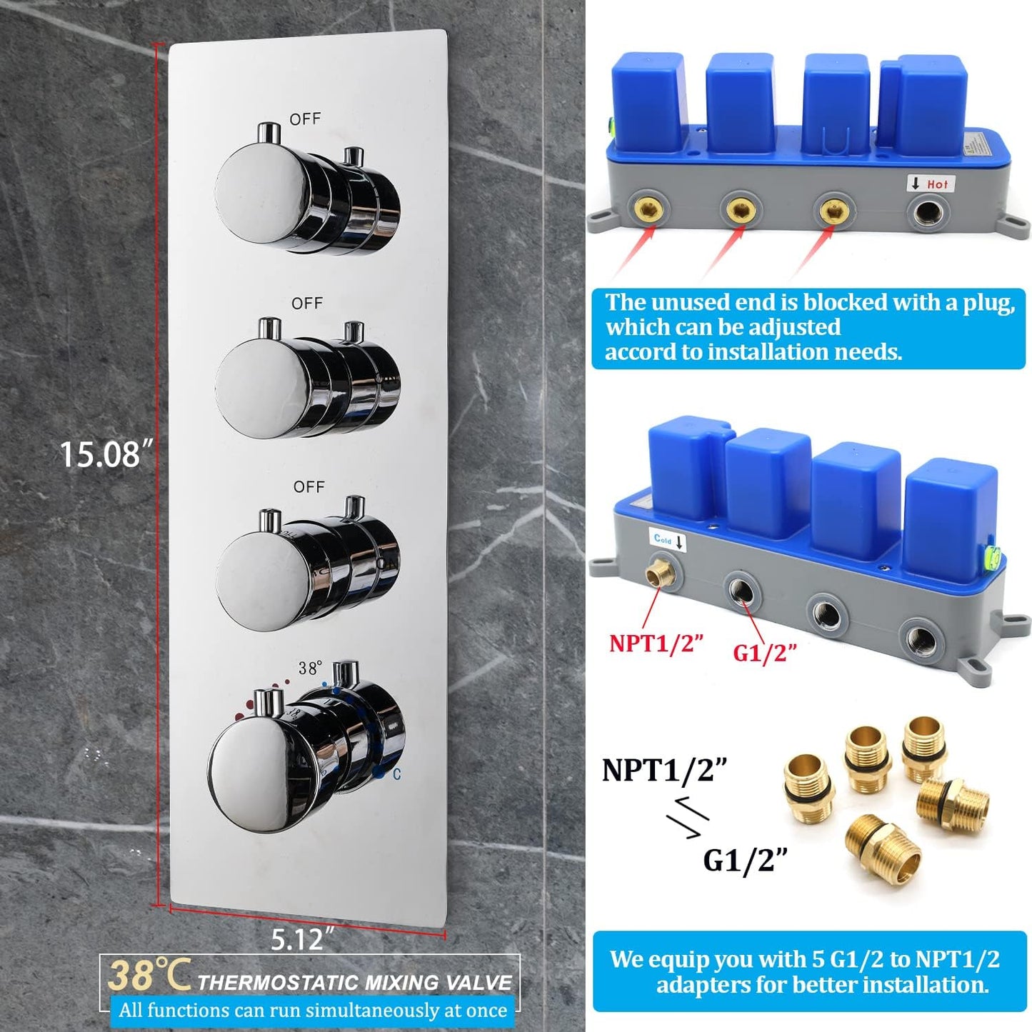 Modern Thermostatic 3 Way Shower Valve Replacement, Bathroom Concealed Brass Mixer Mixing Shower Diverter Valve Kit in Chrome, Can Run Together