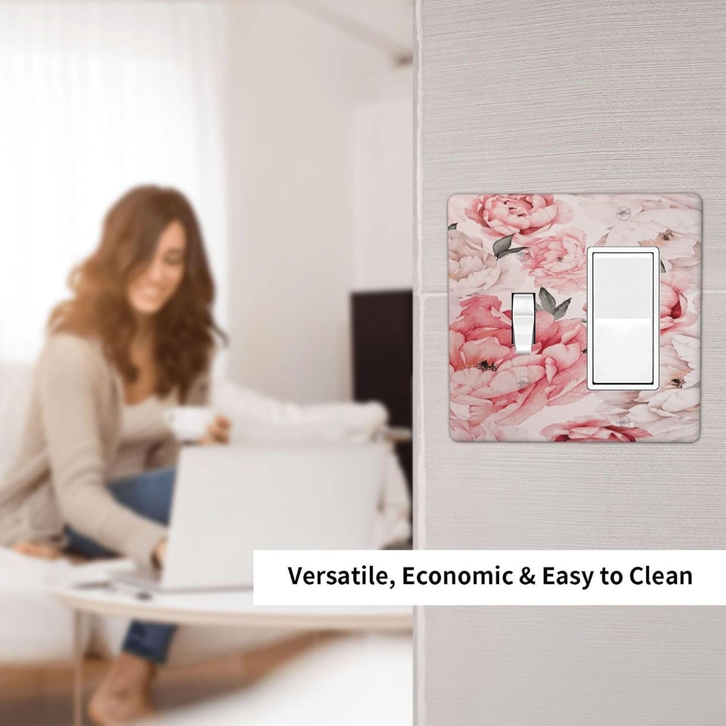 Decorative Outlet Covers Ink Pink Peony Flower Rustic Floral 2 Gang Wall Plate Single Toggle 1 Rocker Light Switch Cover Switch Plate Covers Faceplate for Home Bedroom Decor