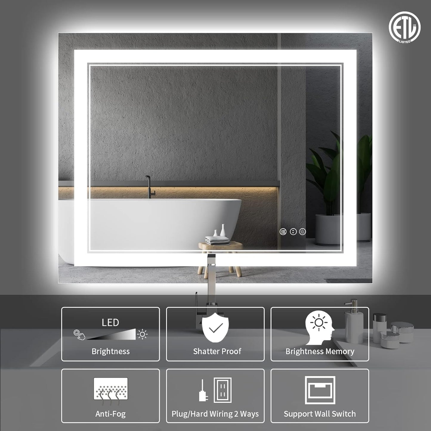 48x36 Inch Bathroom Mirror LED with Lights, Backlit and Front Lighted Anti-Fog Dimmable Memory Lighted Bathroom Vanity Mirror, Large Led Mirror for Bathroom