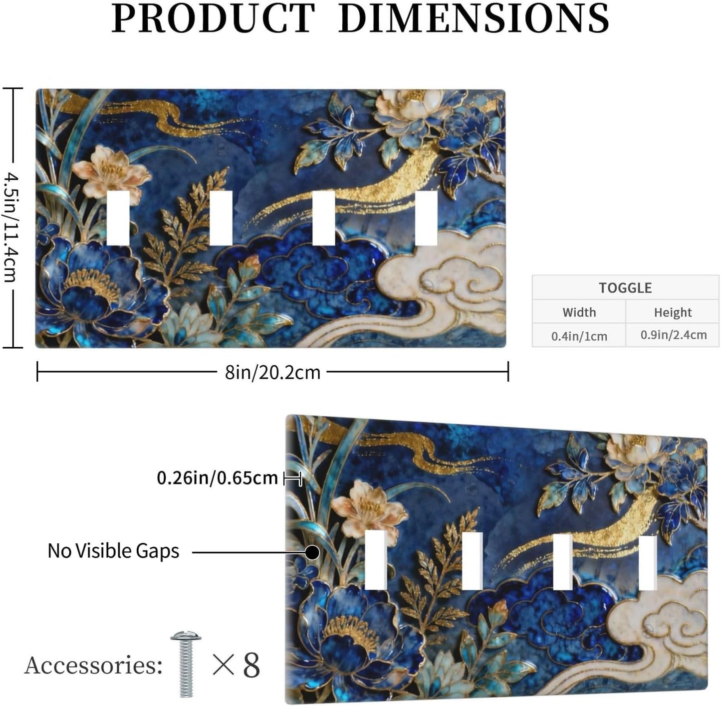 Decorative Light Switch Cover Plate Blue White Flower Gold Line Cloud 4 Gang Wall Plates for Electrical Outlets Quad Toggle Switch Plate Covers Outlet Covers Faceplate for Home Decor