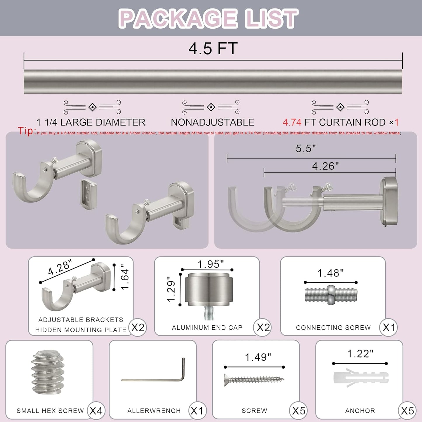 Heavy Duty Curtain Rods,1 1/4" Large Diameter Premium Nonadjustable Curtain Rod,54in/4.5ft Custom Window Treatment Rods with Durable Aluminum Brackets and End Caps,Brushed Nickel Finish