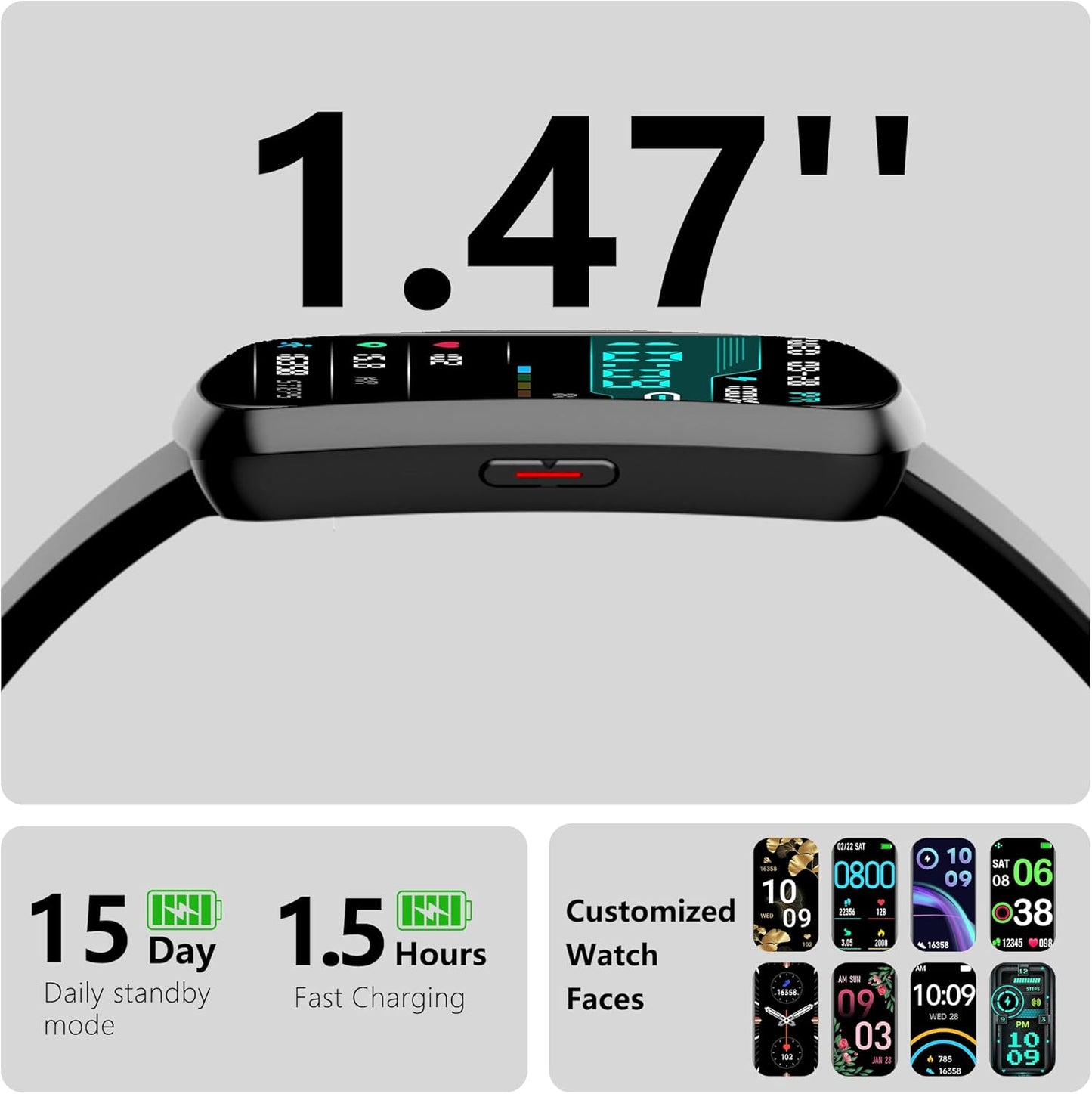 Health Fitness Tracker, Smart Watch with 24/7 Heart Rate, Activity Tracker with Blood Pressure and Blood Oxygen Monitor, 120 Sport Mode Waterproof Sleep Tracker for Women Men (Black)
