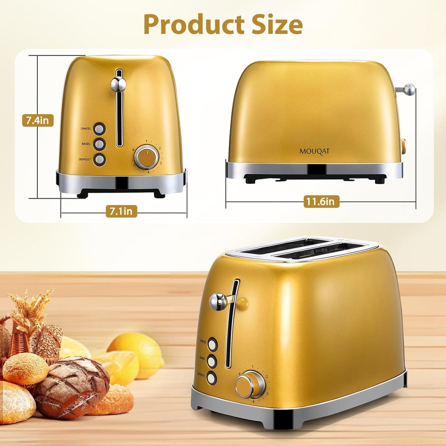 Gold Toaster 2 Slice, Wide Slot Stainless Steel, Mouqat – Best Gift, 6 Shade Settings, Bagel/Cancel/Defrost Functions, Removable Crumb Tray, Different Toast Sizes, Kitchen Essential, Cord Wrap – 825W