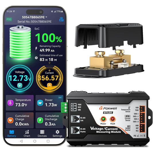 600A Shunt Battery Monitor, 0-120V Bluetooth Amp/Volt/Watt/Capacity Monitor with Protection Alarm, FOXWELL BT630 Smart Shunt for LiFePO4, Lithium Sealed, Gel, Flooded Battery (RV, Solar, Marine)