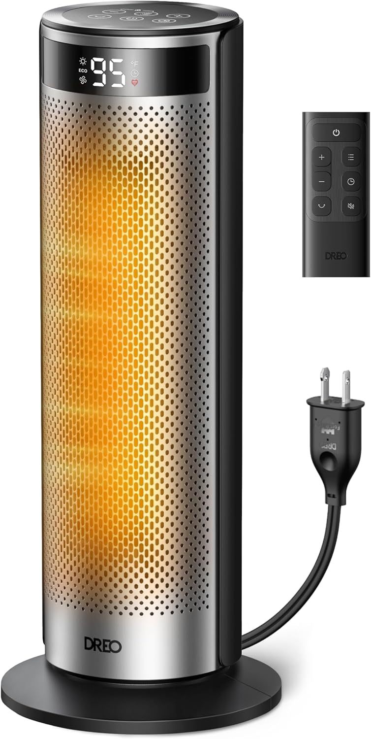 Dreo Space Heater for Large Room, 20 Inch Electric Heaters for Indoor Use, 8 Safe Protection Tower with Dreo FortPlug, 70° Oscillation, PTC Ceramic with Remote, Quiet, 12H Timer, Bedroom, Office