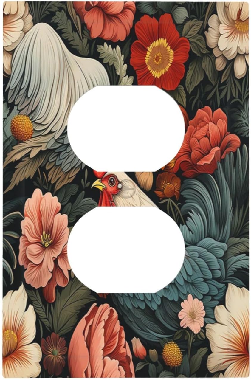 Outlet Covers Rooster Flowers Red White Chicken Floral 1 Gang Duplex Wall Plate Decorative Switch Plates Electrical Receptacle Faceplate Light Switch Cover for living Room Farmhouse Decor