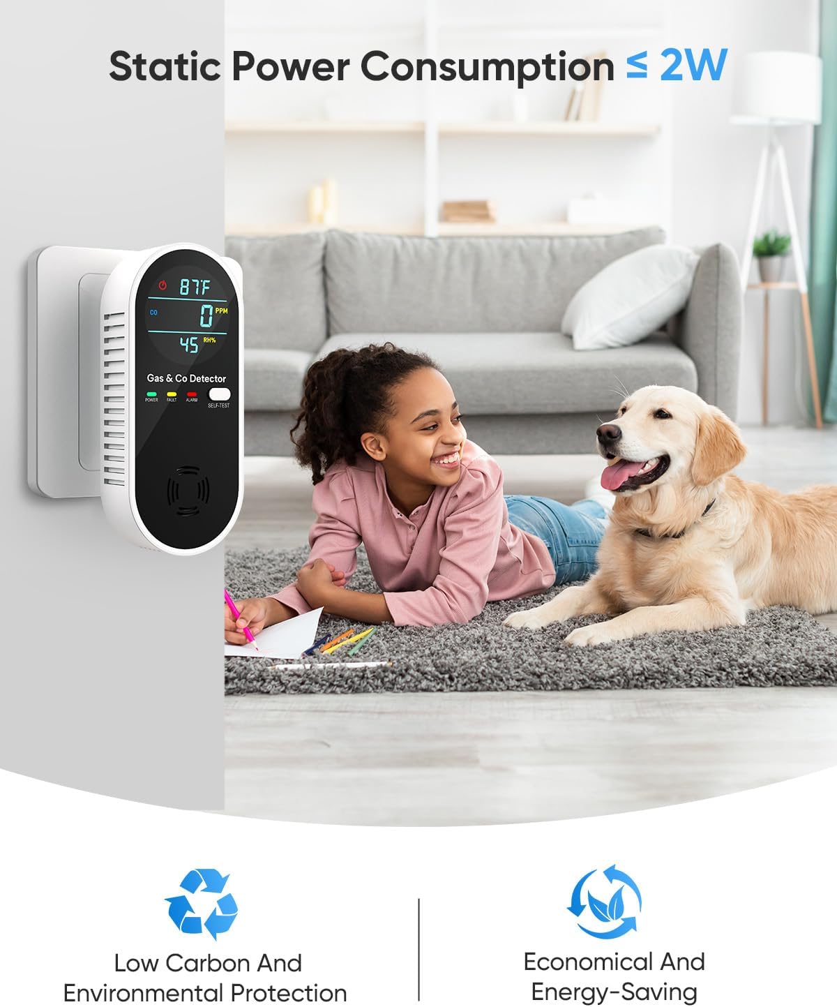 Carbon Monoxide Detectors & Natural Gas Detector, 4-in-1 Carbon Monoxide Detectors Plug in, Gas Leak Detector with Dual Alarms, Temperature & Humidity Sensor for Home, RV Essentials, Black, 1 Pack