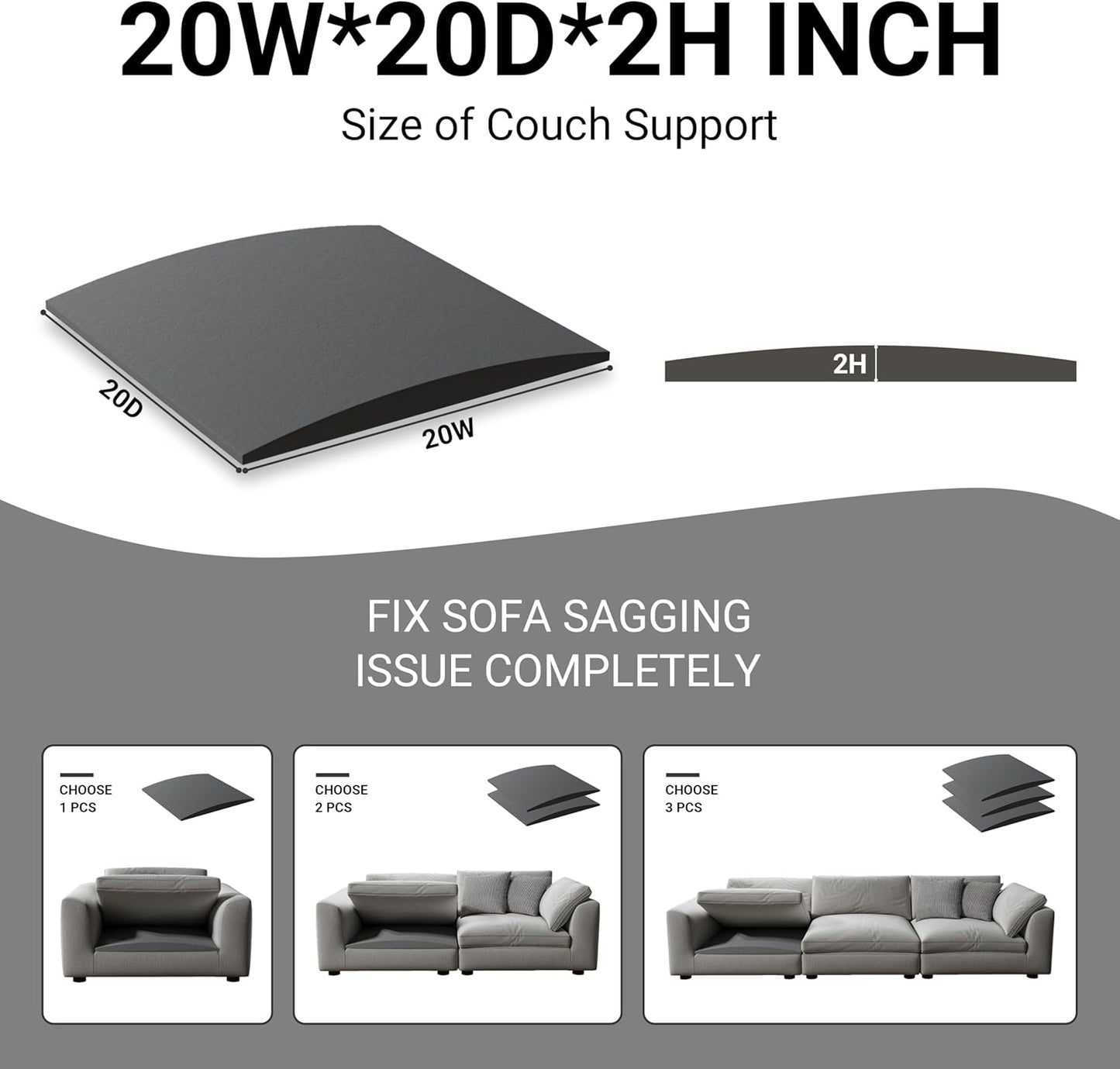 Couch Cushion Support for Sagging Seat, High Density Foam Sofa Support Replacement for Furniture, Curved Couch Supporter for Under The Cushions, Grey Set of 3