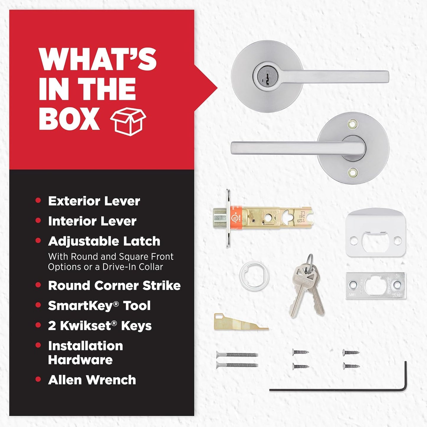 Kwikset Halifax Keyed Storeroom Entry Door Handle with Lock and Key, Secure Keyed Reversible Lever Exterior, for Front Entrance and Bedrooms, Satin Chrome, Pick Resistant Smartkey Rekey Security