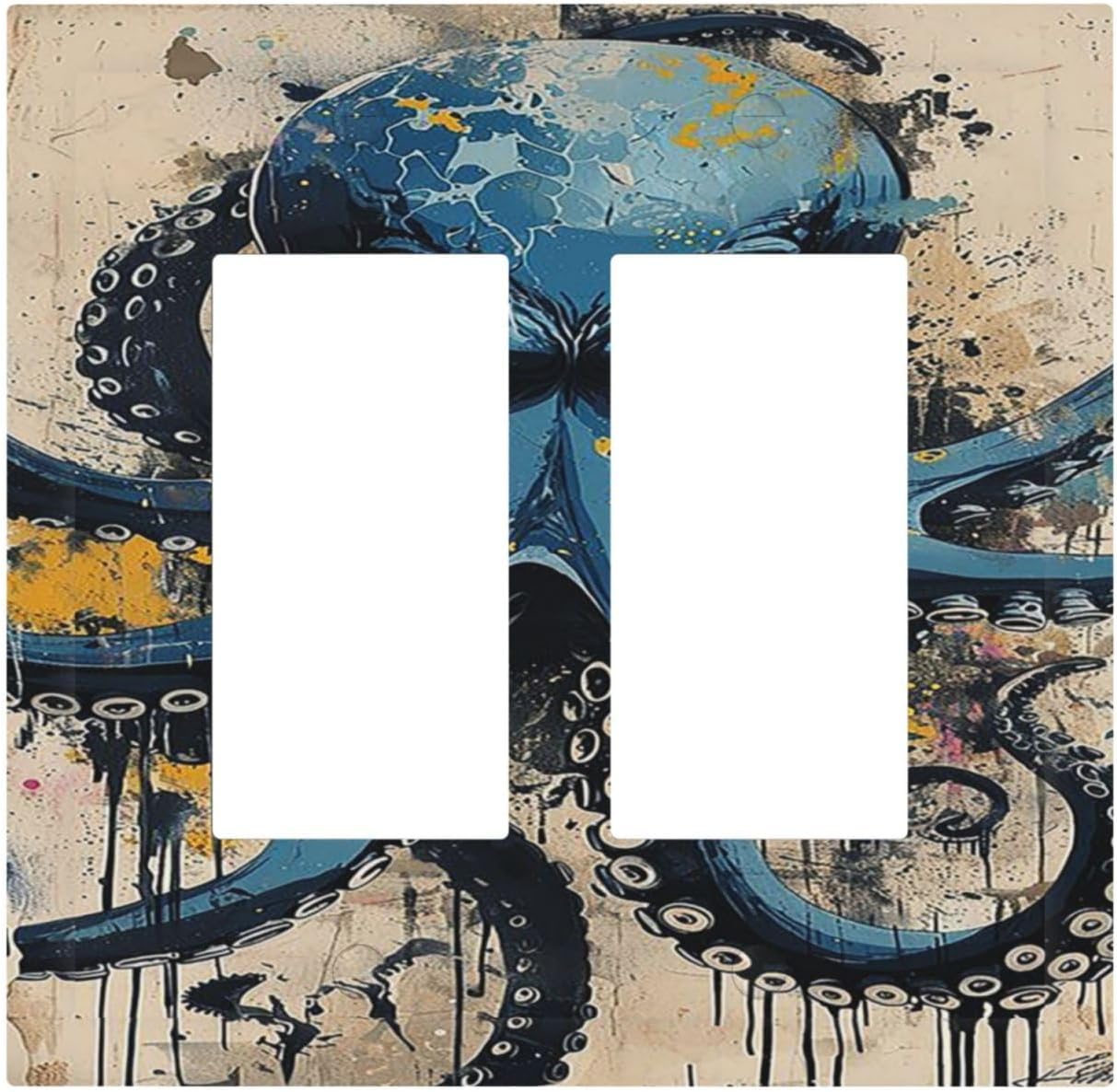Decorative Outlet Covers Nautical Vintage Blue Octopus Yellow Eyes Oil Watercolor 2 Gang Double GFCI Rocker Electrical Wall Panels Light Switch Cover Plate for Kids room Nursery Decor