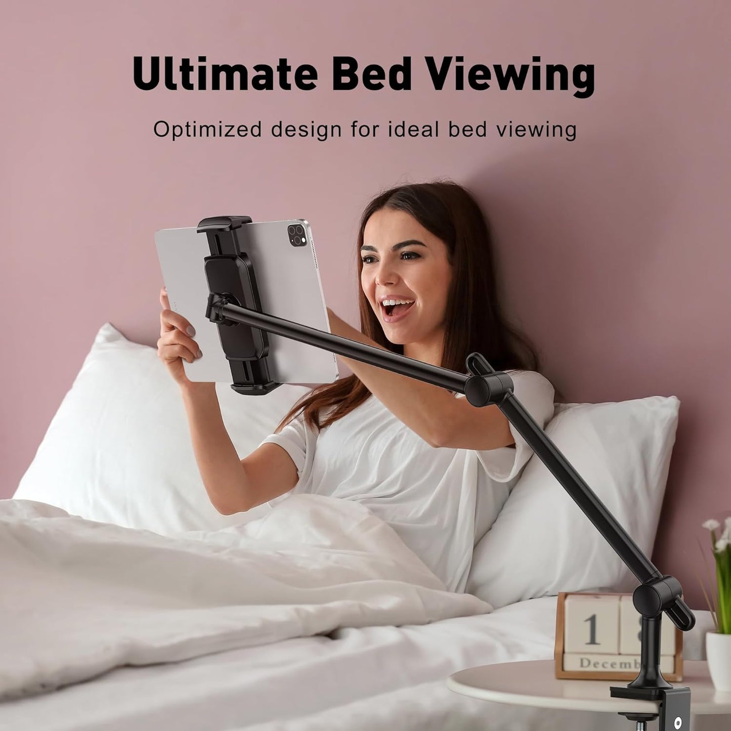 AboveTEK Tablet Stand Holder for Desk & Bed, Aluminum iPad Holder Arm with 360° Rotating Clamp, Adjustable Phone Stand Compatible with 4.7"-13.5" iPad Pro/Air/Mini, iPhone, Galaxy Tab- Black