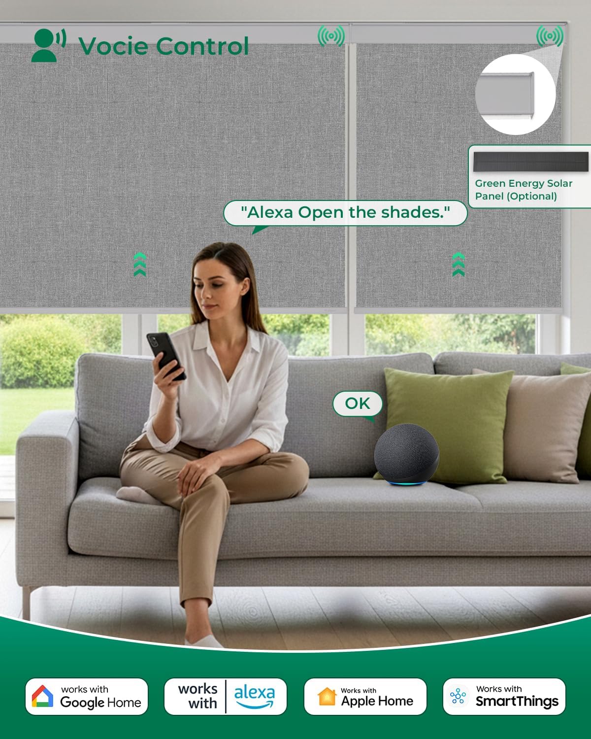 Allesin Motorized Roller Blinds – Rechargeable Smart Shades with Remote & Quiet Motor, Top/Bottom Aluminum Rails, Alexa-Compatible for Window (Custom Size, 100% Blackout Stone-Weave)