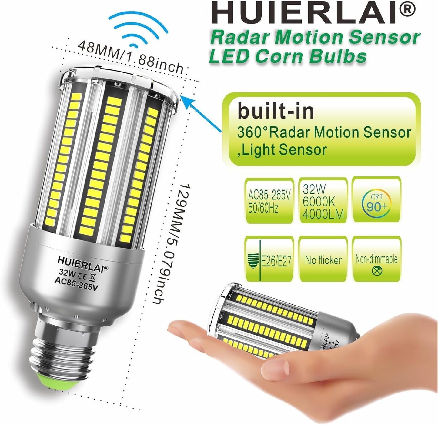 Radar Motion Sensor LED Light Bulbs, 32W Daylight White 6000K 4000LM (300W Equivalent) Auto Motion Detector Activated Dusk to Dawn Light for Stairway, Hallway, Porch, Garage, Driveway, Patio, 2 Pack