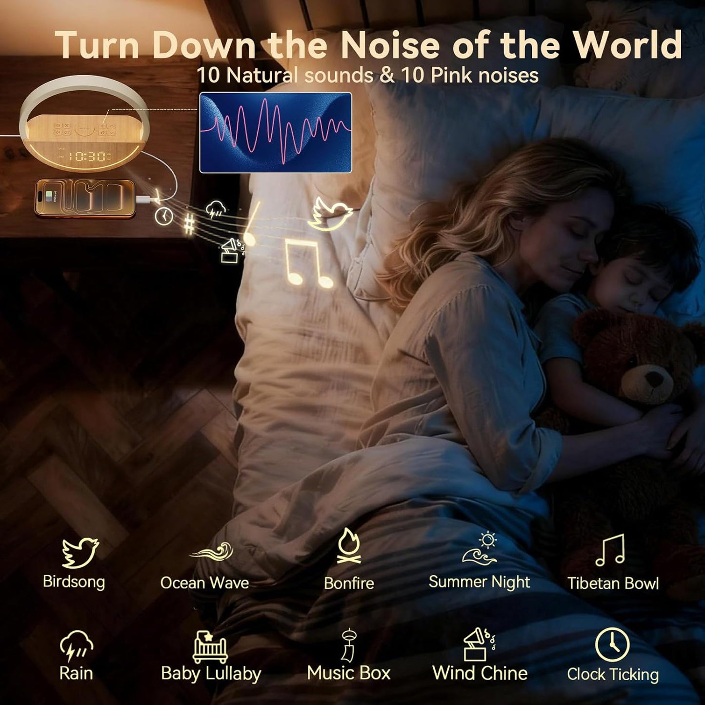 Vivilumens Wake Up Light Sunrise Alarm Clock - White Noise Sound Machine with 10 Natural Sounds & 10 Pink Noises, Dual Alarms Weekdays & Weekends, Sleep Aid, Touch Control Night Light, Ideal for Gifts