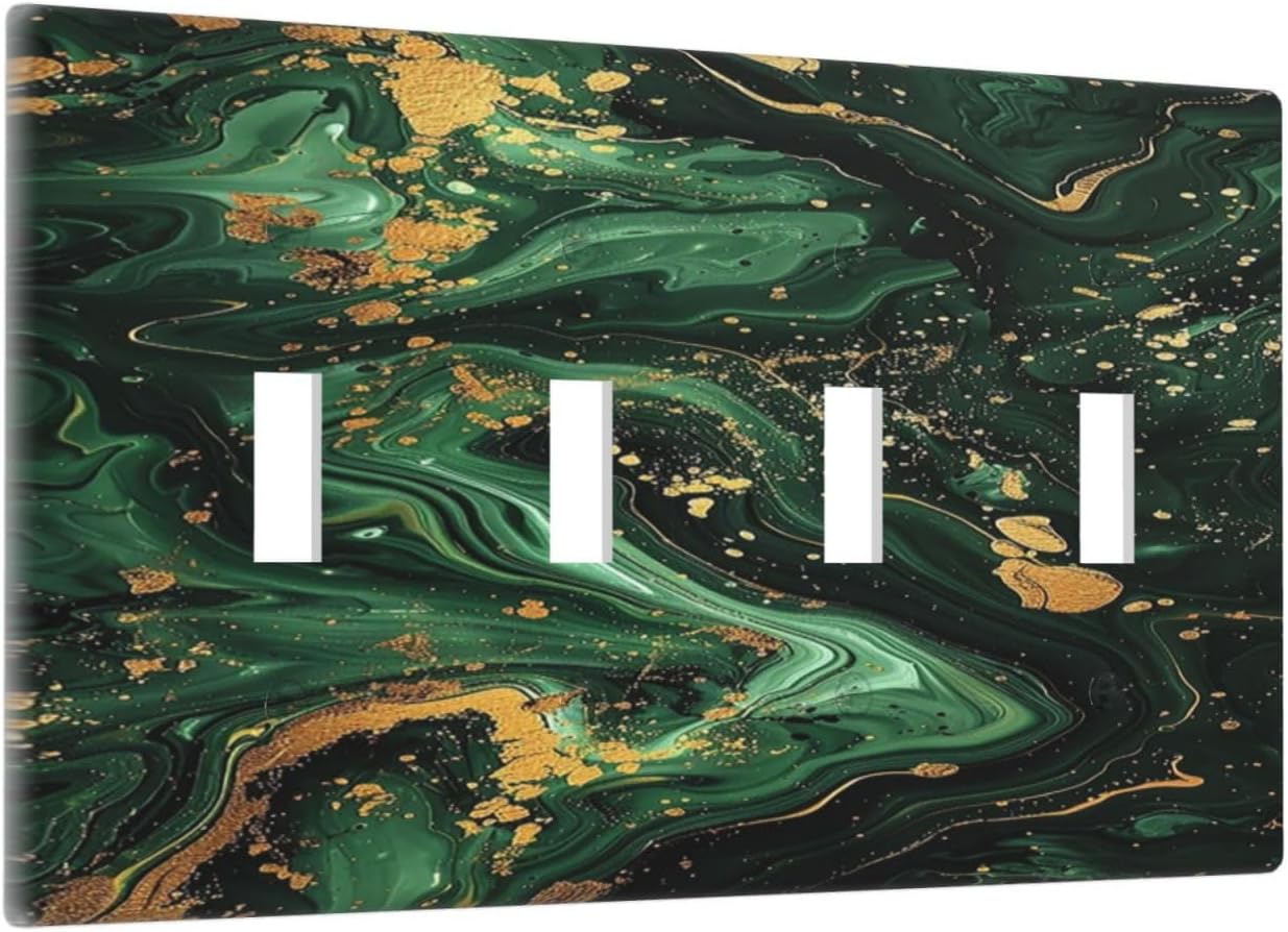 Light Switch Cover Plate Green/Gold Modern Abstract Luxury Marble Quad Toggle Wall Plates Decorative Switch Plates 4 Gang Outlet Covers Electrical Panel Cover Faceplate for Home Decor 4.5 X 8 IN