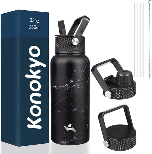 32 oz Insulated Water Bottle Stainless Steel Sport Bottles with 3 Lids,Marble Midnight