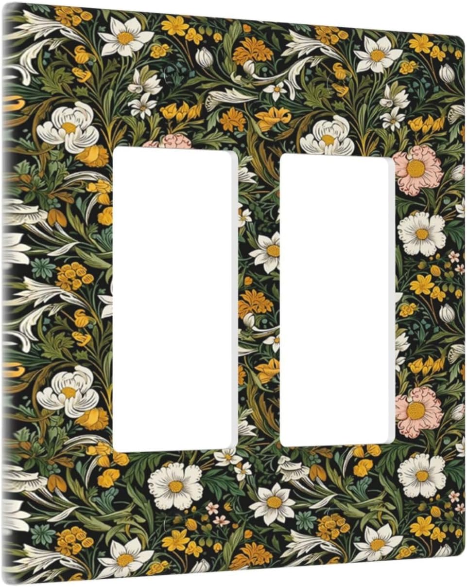 Decorative Outlet Covers Rustic Green Leaf White Daisy Yellow Floral 2 Gang Light Switch Cover Plate Double Rocker Wall Plate Switch Plate Covers Faceplate for Bedroom Home Decor
