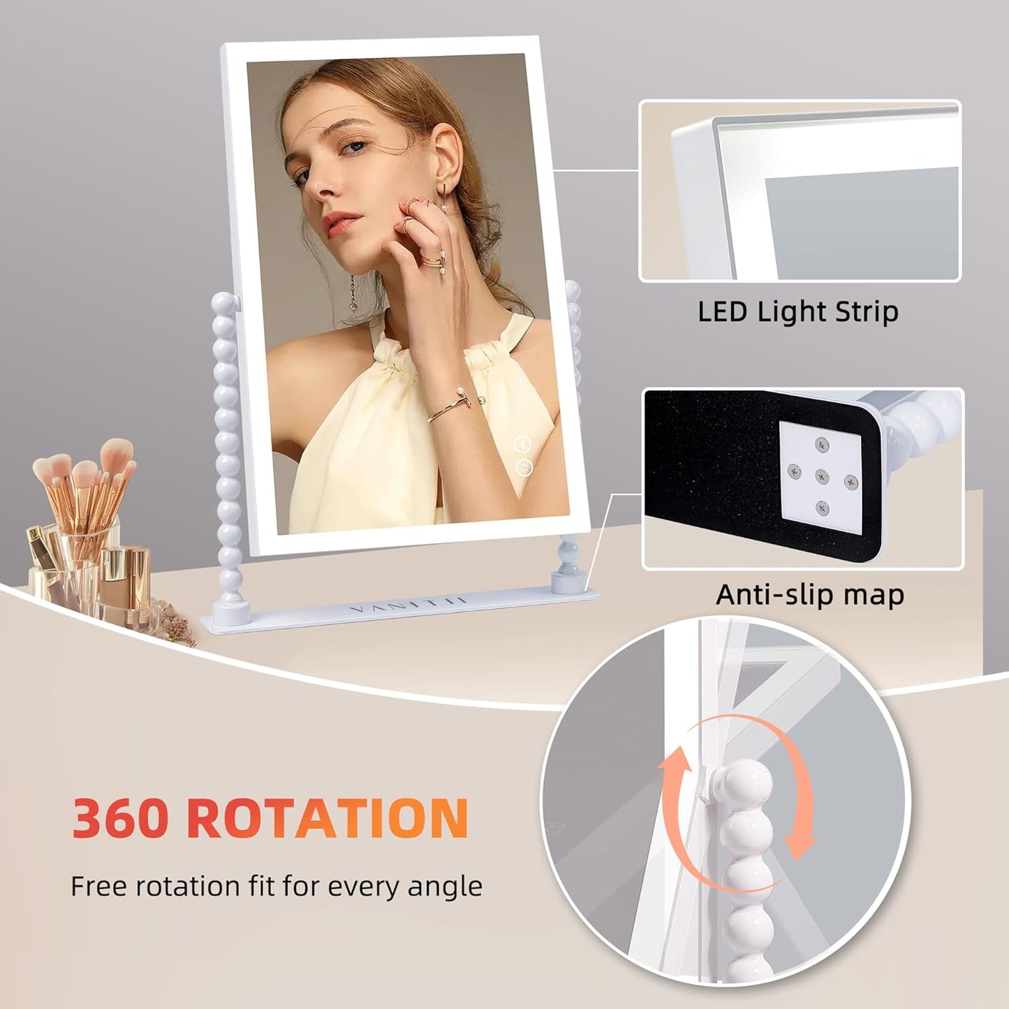 VANITII Vanity Makeup Mirror 12”x16” Hollywood Mirror with Lights and Smart Speaker Desk Mirror 3 Lighting Modes Touch Control for Dormitory Bedroom