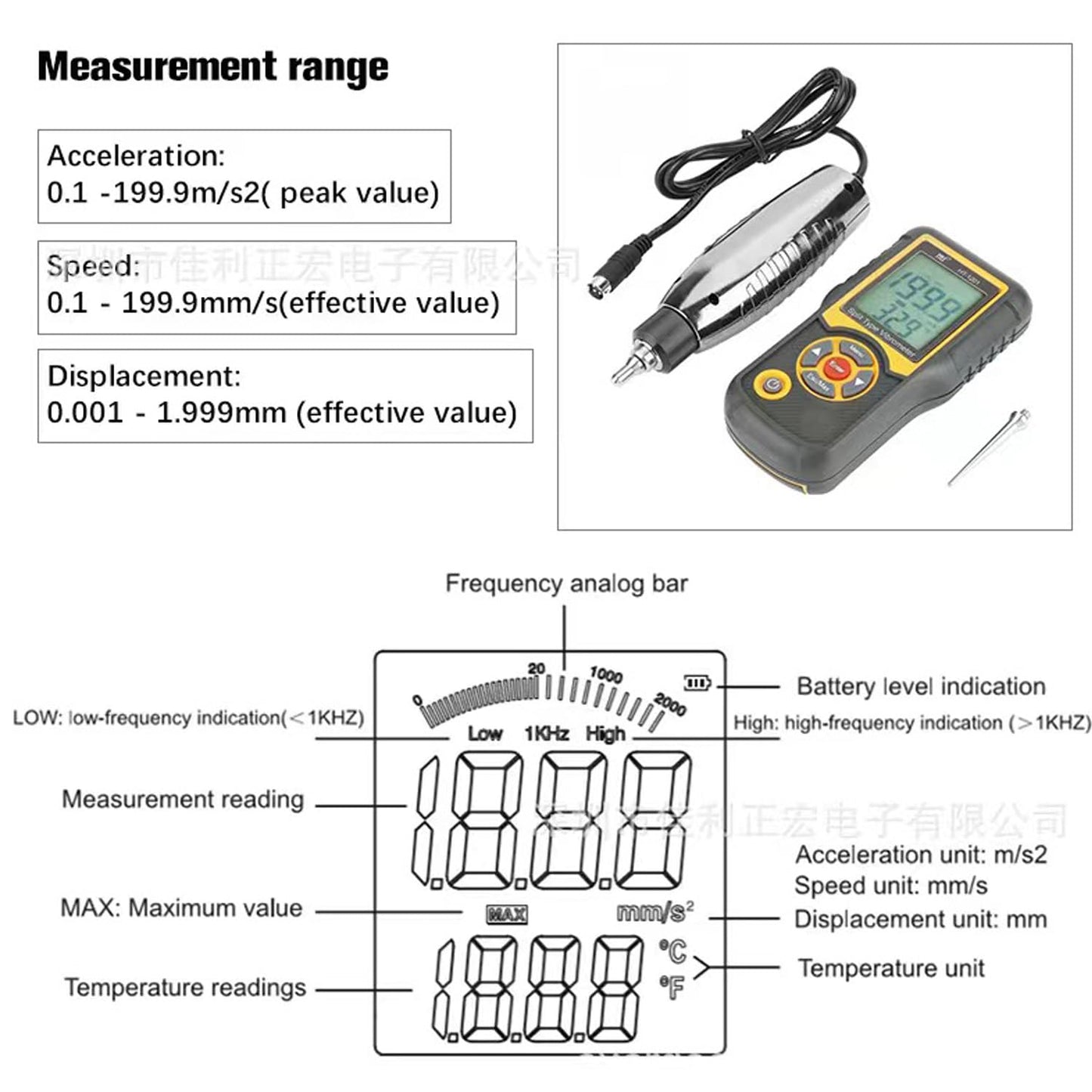 Vibration Meter,Vibrometer Split Probe Vibration Tester, Digital Vibration Analyzer Mechanical Vibration Meters Vibration Sensor Measure Acceleration, Velocity and Displacement
