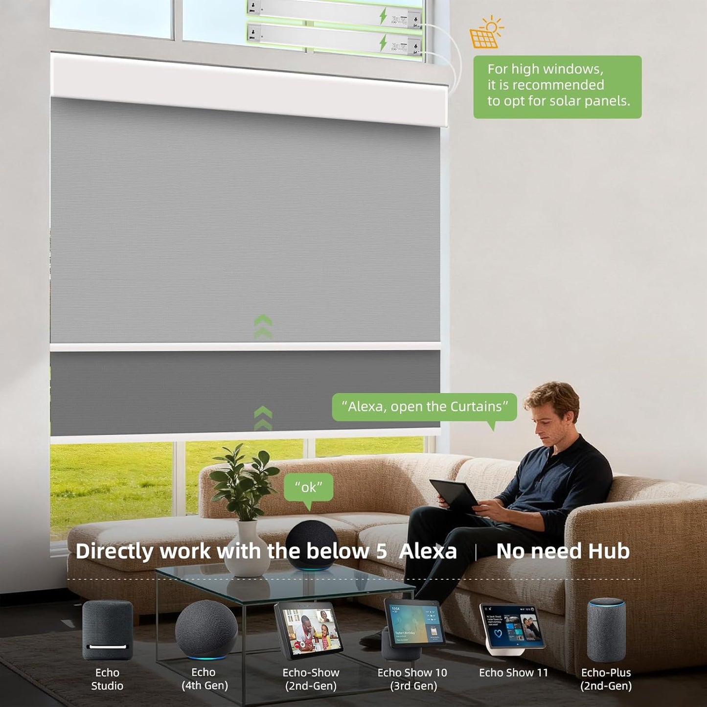 ZSTARR Motorized Day and Night Dual Smart Blind for Window with Valance Rechargeable Motor,Blackout Roller Shade Custom Size,with Valance Suitable for Home,Office (Full Blackout Dark Grey)
